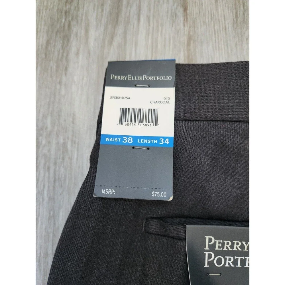 NWT Perry Ellis Portfolio Travel Luxe Dress Pants Charcoal No Iron 38x34 Mens